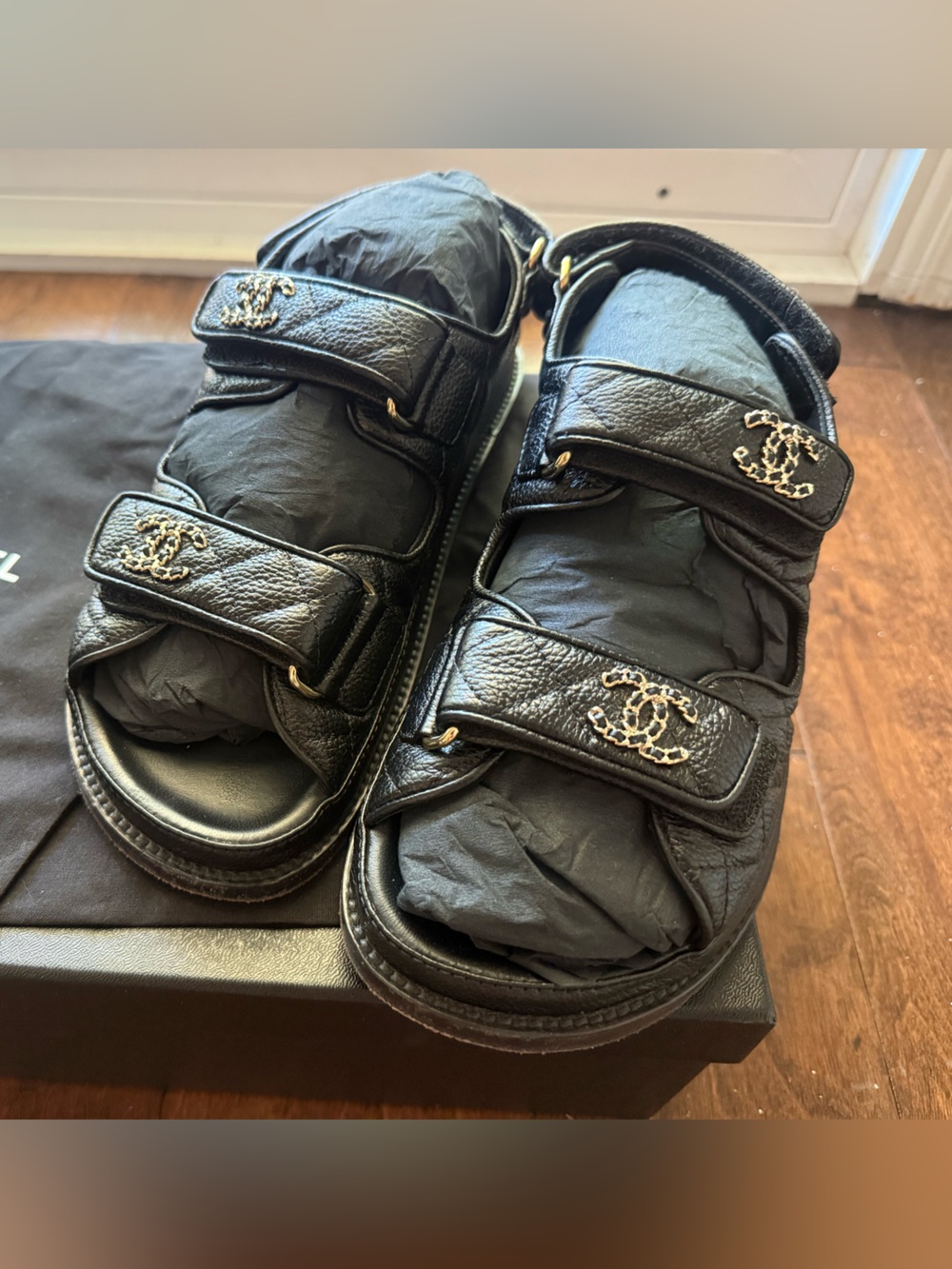 Chanel Black Leather Quilted Velcro-Strap Dad Sandals